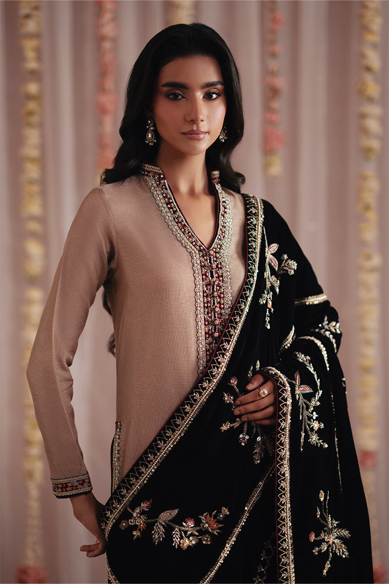 Gold Zari Shirt, Izaar & Shawl