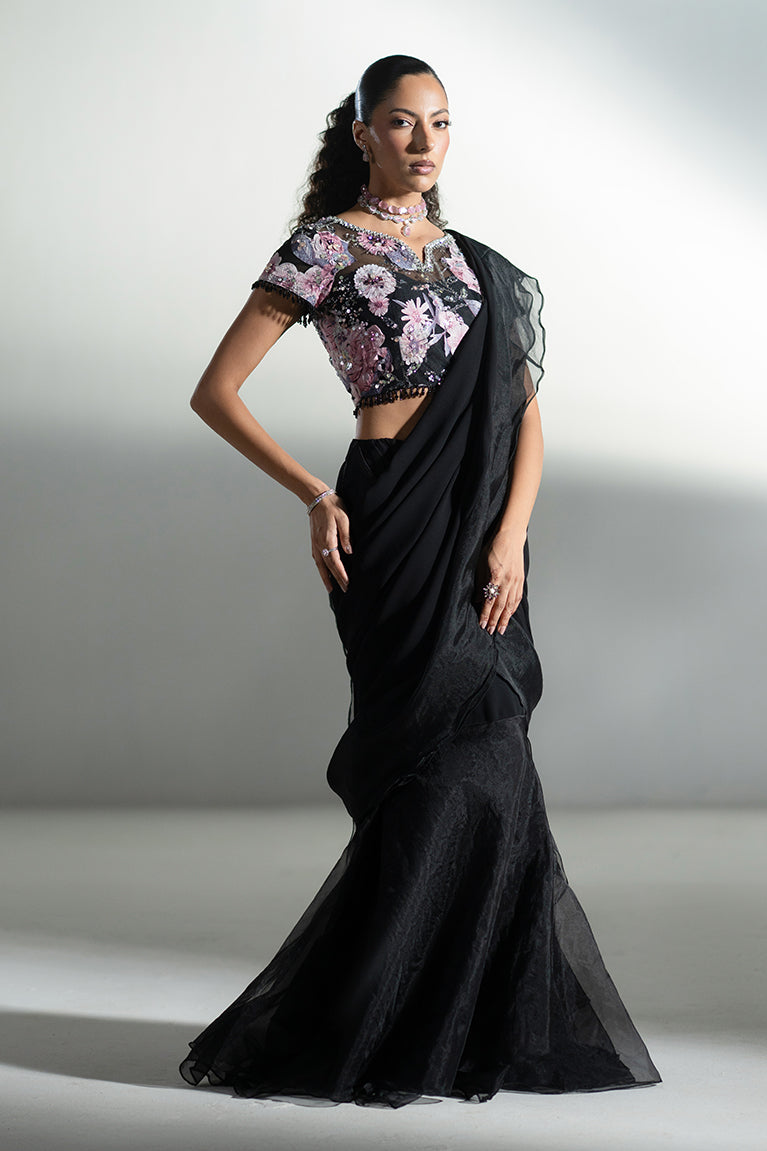 Black Appliqué Ruffle Saree