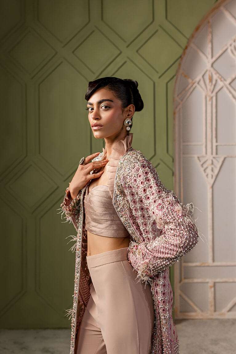 Blush pink jacket with flared pants