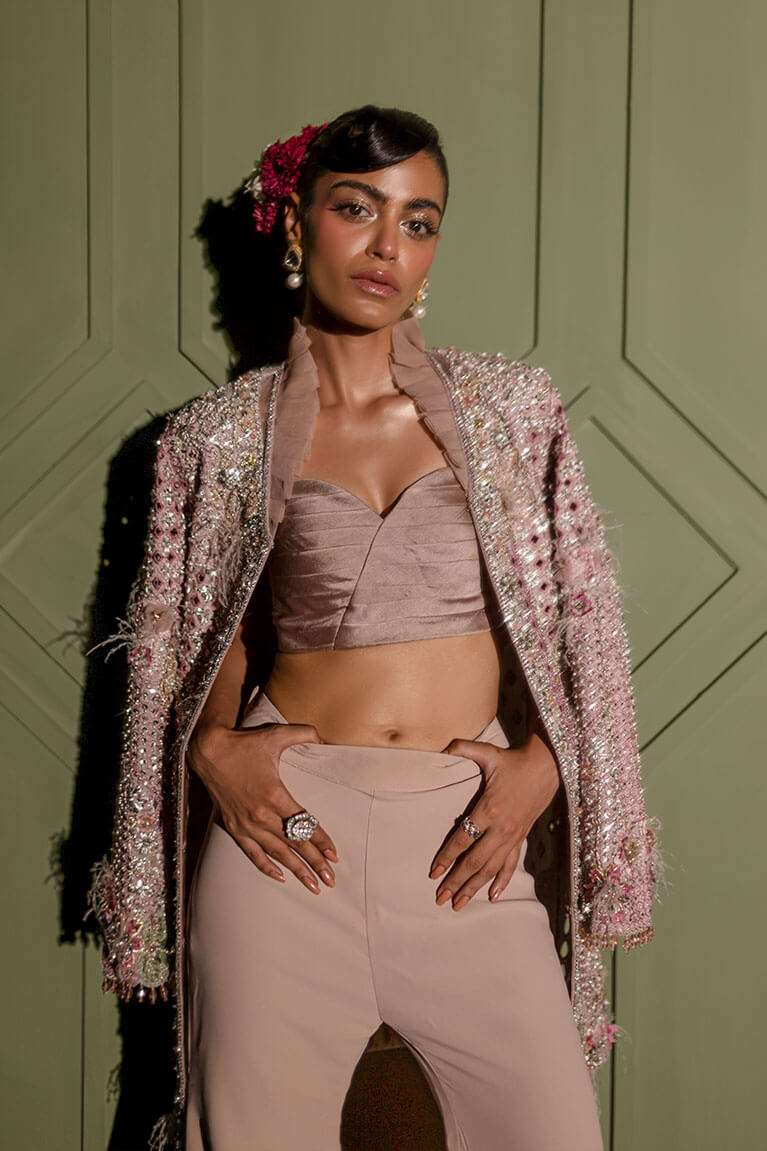 Blush pink jacket with flared pants