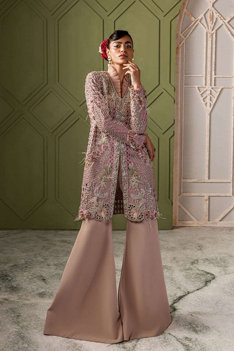 Blush pink jacket with flared pants