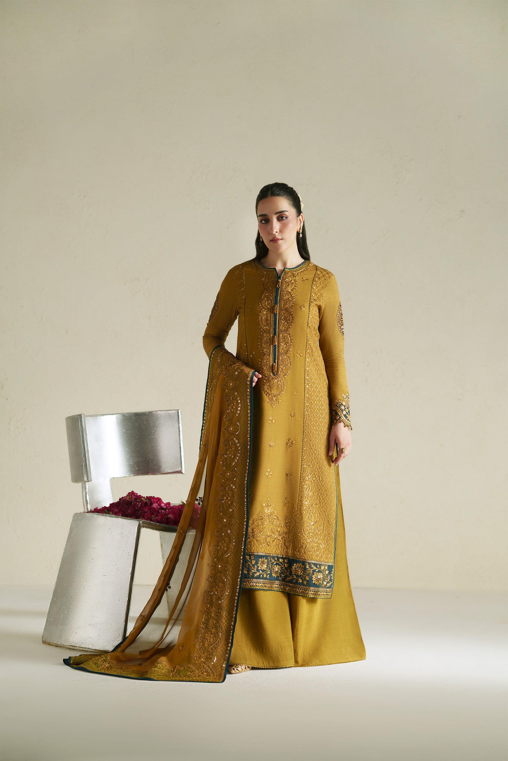 Kundan Antique Gold Shirt Set