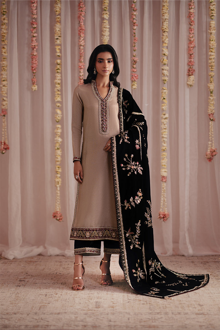 Gold Zari Shirt, Izaar & Shawl