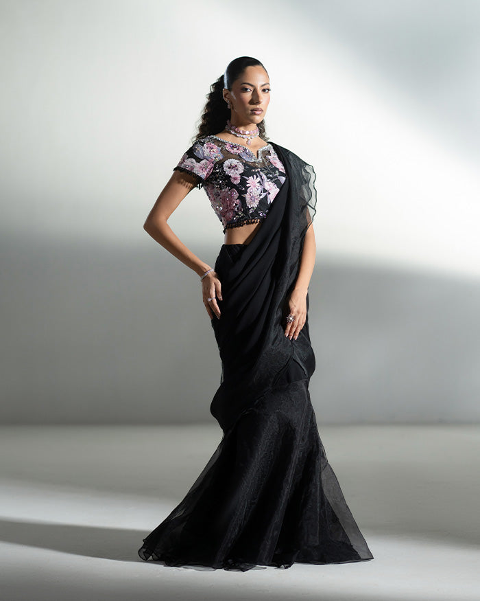 Black Appliqué Ruffle Saree