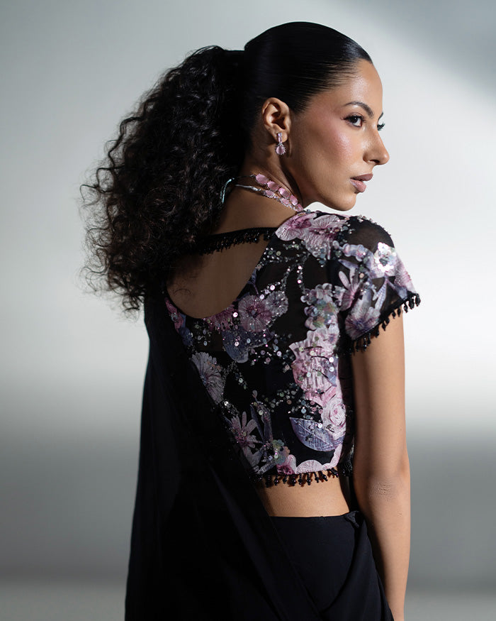 Black Appliqué Ruffle Saree