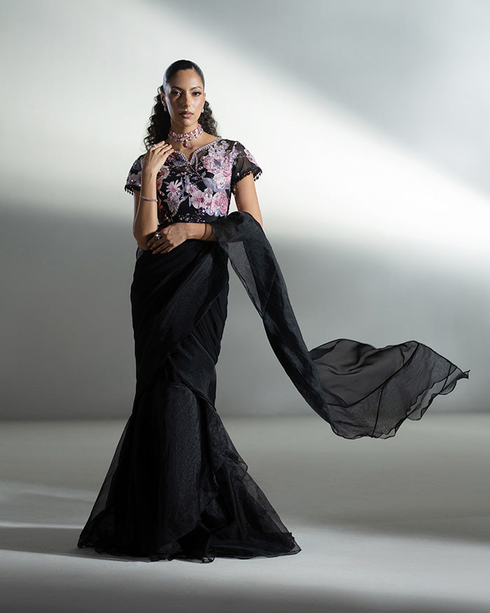 Black Appliqué Ruffle Saree