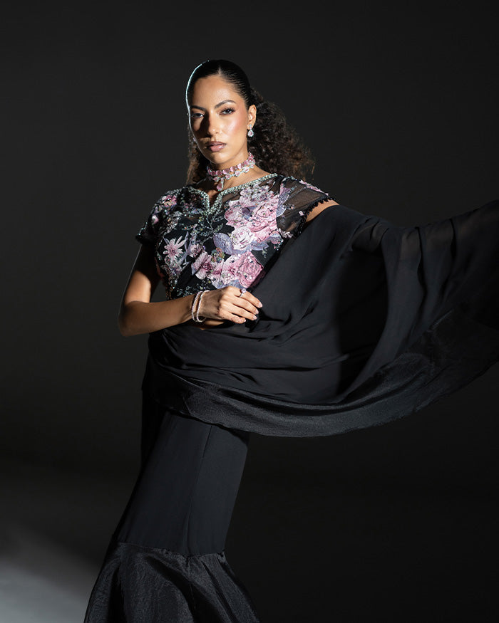 Black Appliqué Ruffle Saree